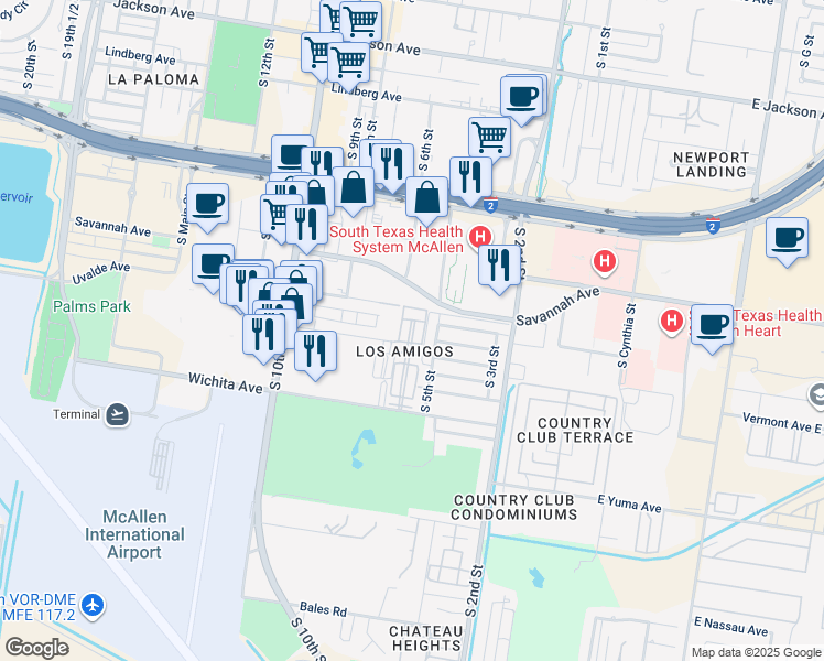 map of restaurants, bars, coffee shops, grocery stores, and more near 500 Wichita Avenue in McAllen