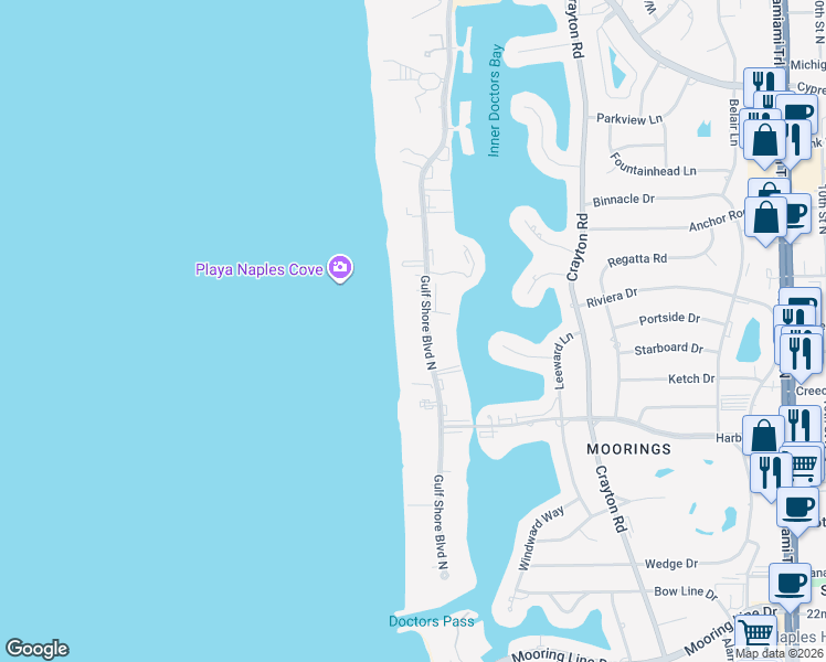 map of restaurants, bars, coffee shops, grocery stores, and more near 3215 Gulf Shore Boulevard North in Naples