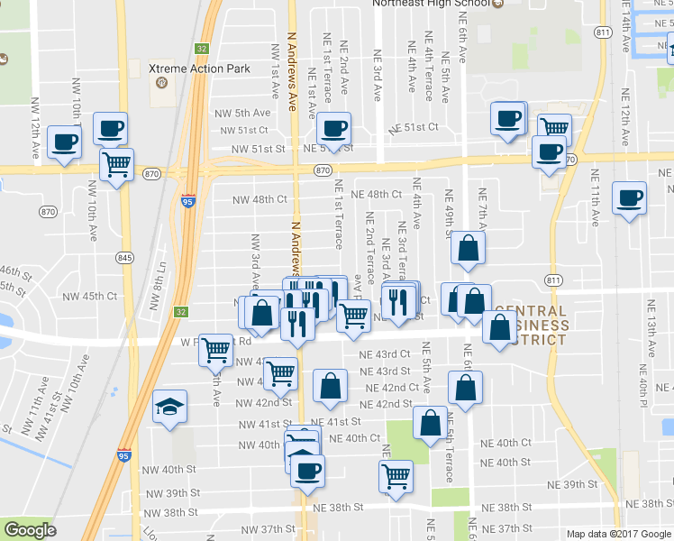 map of restaurants, bars, coffee shops, grocery stores, and more near 130 Northeast 46th Court in Fort Lauderdale