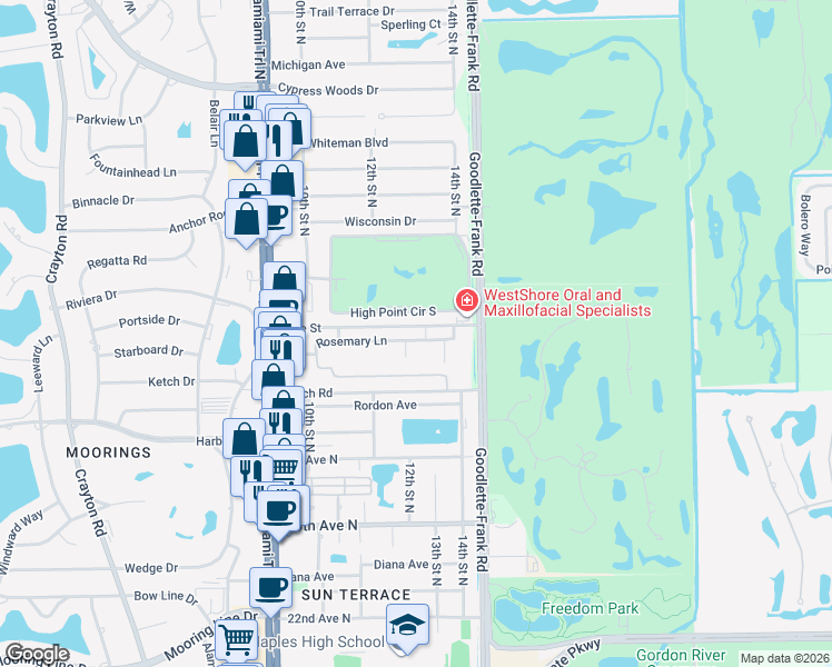 map of restaurants, bars, coffee shops, grocery stores, and more near 1324 Ridge Street in Naples