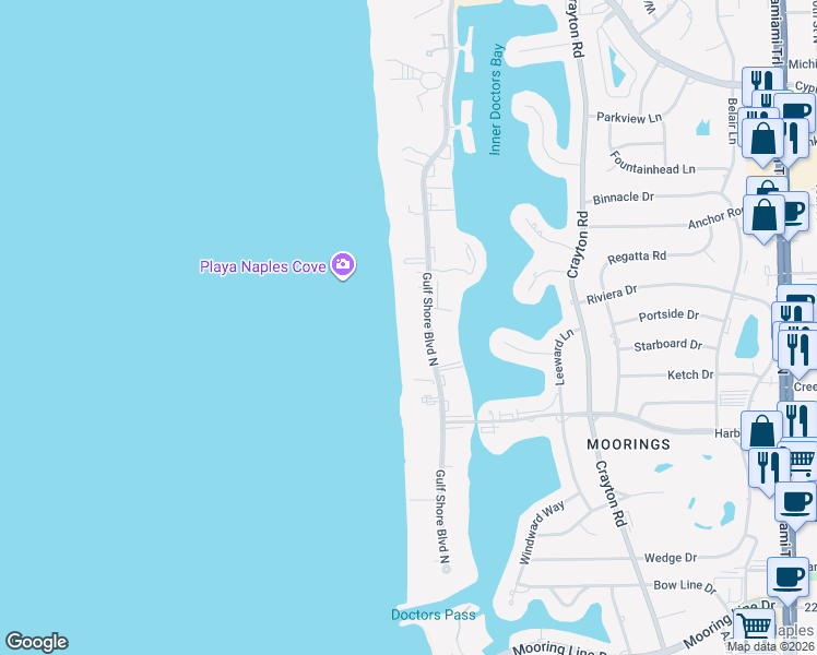 map of restaurants, bars, coffee shops, grocery stores, and more near 3215 Gulf Shore Boulevard North in Naples