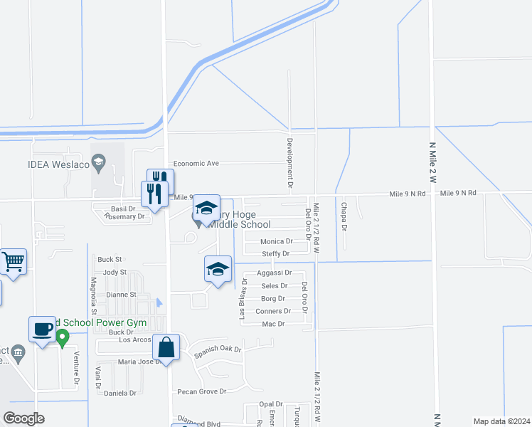 map of restaurants, bars, coffee shops, grocery stores, and more near 3901 Sabatini Drive in Weslaco