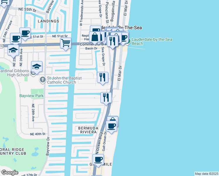 map of restaurants, bars, coffee shops, grocery stores, and more near 4050 Florida A1A in Lauderdale-by-the-Sea