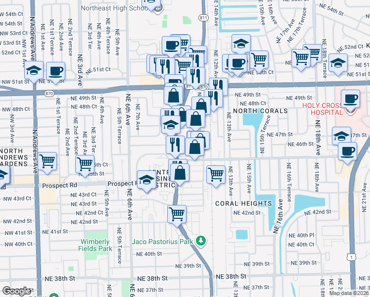 map of restaurants, bars, coffee shops, grocery stores, and more near 4530 North Dixie Highway in Oakland Park