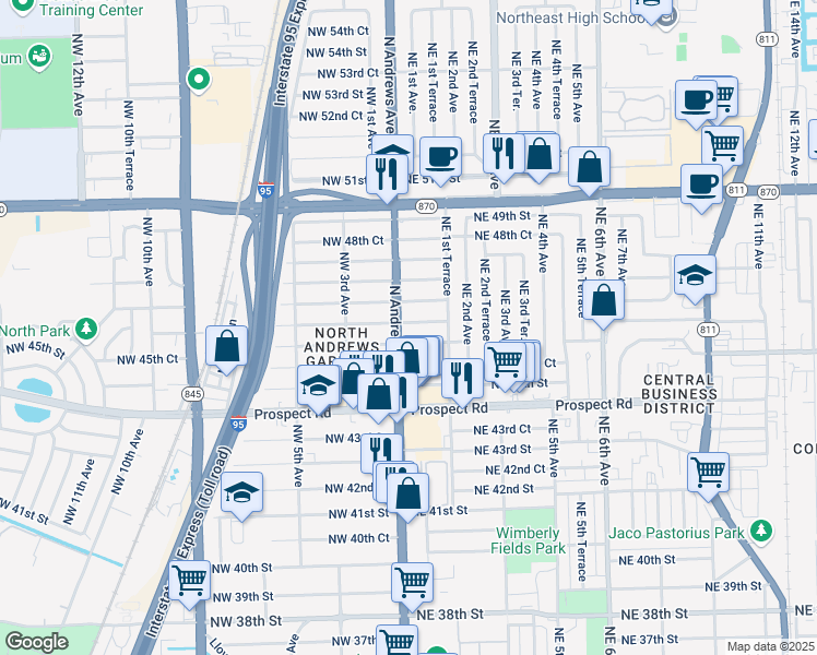 map of restaurants, bars, coffee shops, grocery stores, and more near 30 Northeast 46th Court in Fort Lauderdale