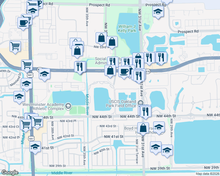 map of restaurants, bars, coffee shops, grocery stores, and more near Northwest 46th Street in Oakland Park