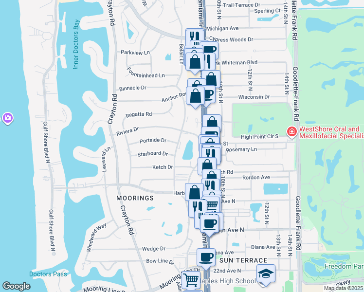 map of restaurants, bars, coffee shops, grocery stores, and more near 796 Portside Drive in Naples