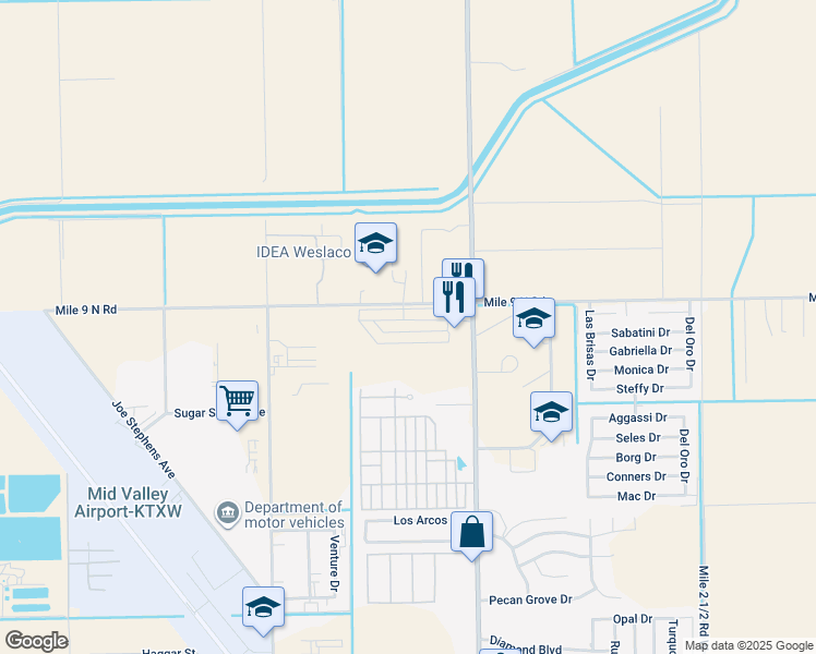 map of restaurants, bars, coffee shops, grocery stores, and more near 2904 Basil Drive in Weslaco