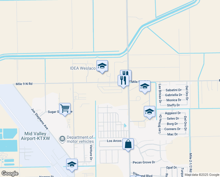 map of restaurants, bars, coffee shops, grocery stores, and more near 2904 Basil Drive in Weslaco