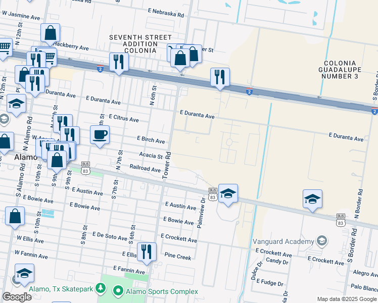 map of restaurants, bars, coffee shops, grocery stores, and more near 420 North Tower Road in Alamo