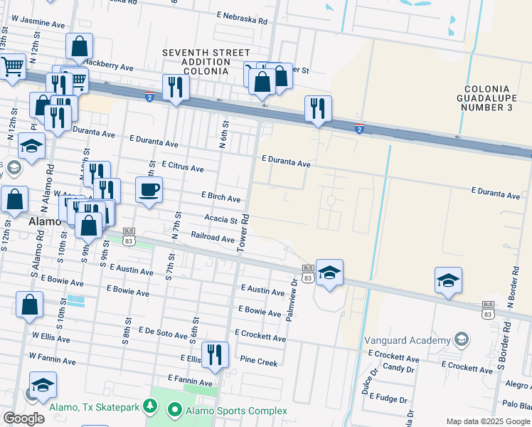 map of restaurants, bars, coffee shops, grocery stores, and more near 420 North Tower Road in Alamo