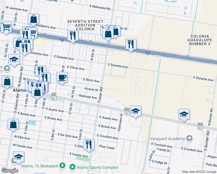 map of restaurants, bars, coffee shops, grocery stores, and more near 213 North Tower Road in Alamo