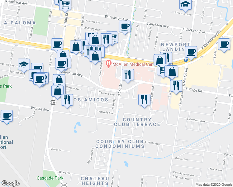 map of restaurants, bars, coffee shops, grocery stores, and more near 52 East Savannah Avenue in McAllen