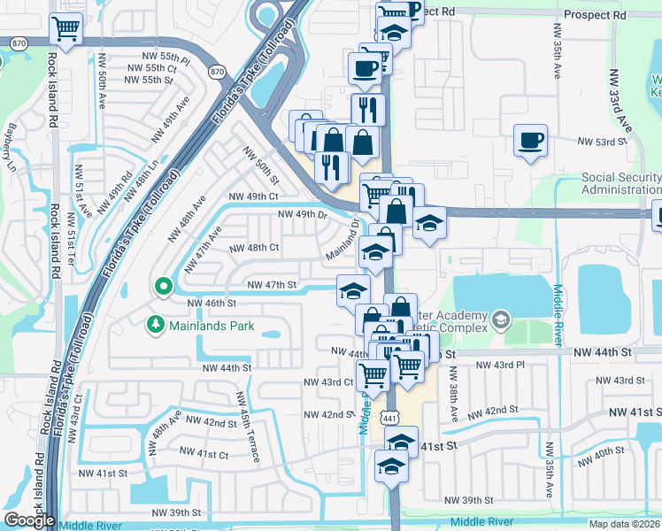 map of restaurants, bars, coffee shops, grocery stores, and more near 4117 Northwest 47th Court in Tamarac