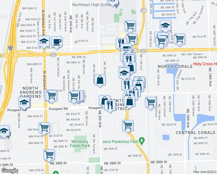 map of restaurants, bars, coffee shops, grocery stores, and more near 670 Northeast 46th Court in Oakland Park