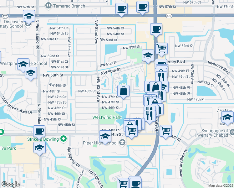 map of restaurants, bars, coffee shops, grocery stores, and more near 8031 Northwest 47th Court in Lauderhill