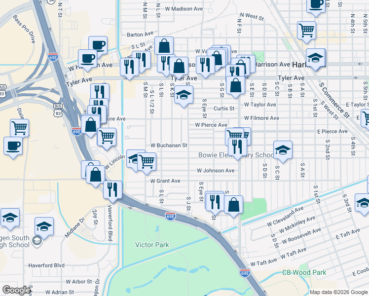 map of restaurants, bars, coffee shops, grocery stores, and more near 1103 West Buchanan Street in Harlingen
