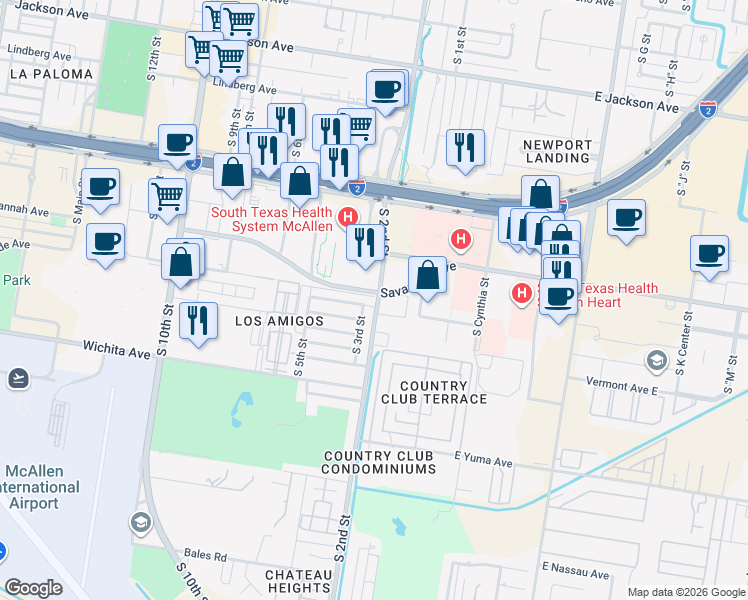 map of restaurants, bars, coffee shops, grocery stores, and more near 52 East Savannah Avenue in McAllen