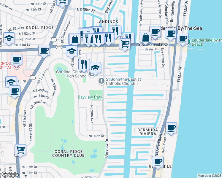 map of restaurants, bars, coffee shops, grocery stores, and more near 3031 Northeast 45th Street in Fort Lauderdale