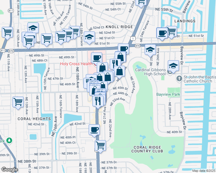 map of restaurants, bars, coffee shops, grocery stores, and more near 4500 North Federal Highway in Fort Lauderdale