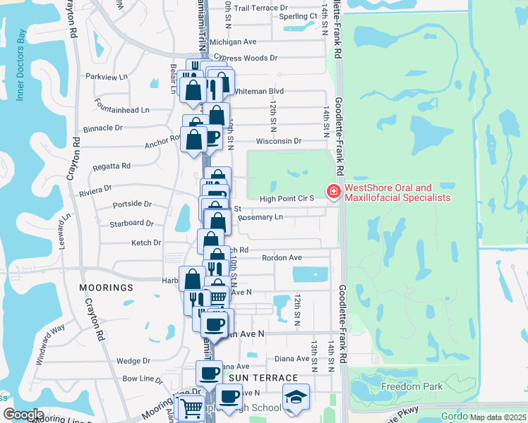 map of restaurants, bars, coffee shops, grocery stores, and more near 1112 Ridge Street in Naples