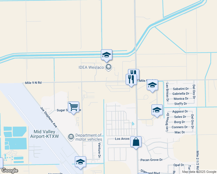 map of restaurants, bars, coffee shops, grocery stores, and more near 2804 Rosemary Drive in Weslaco