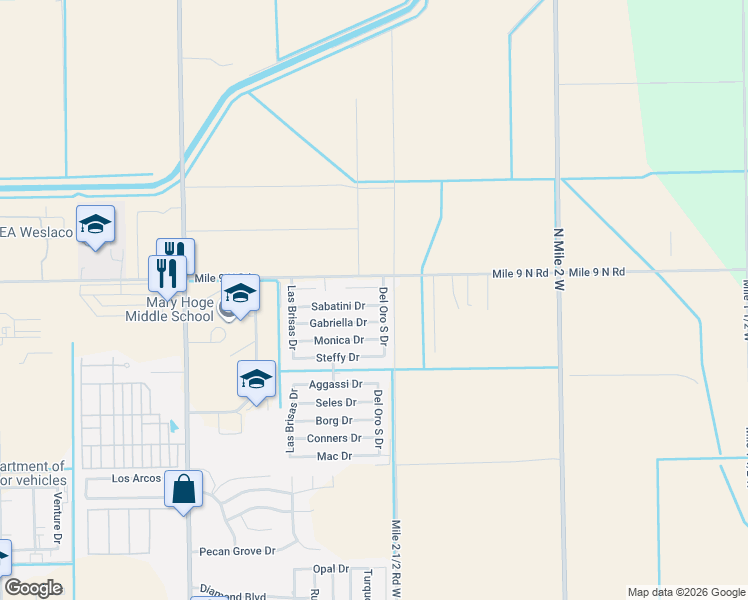 map of restaurants, bars, coffee shops, grocery stores, and more near 4009 Sabatini Drive in Weslaco
