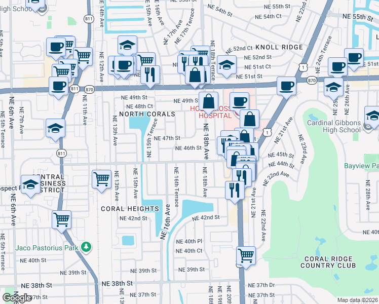 map of restaurants, bars, coffee shops, grocery stores, and more near 1724 Northeast 46th Street in Oakland Park
