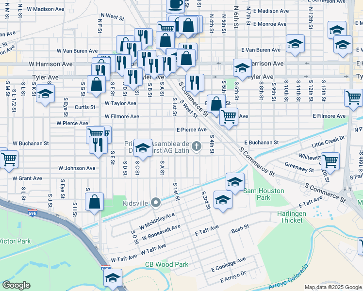 map of restaurants, bars, coffee shops, grocery stores, and more near 114 East Buchanan Street in Harlingen