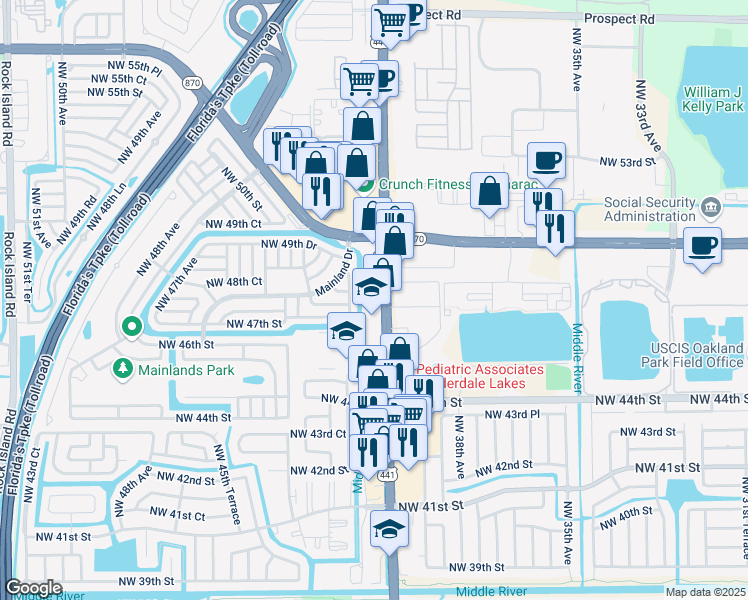 map of restaurants, bars, coffee shops, grocery stores, and more near 4711 Florida 7 in Lauderdale Lakes