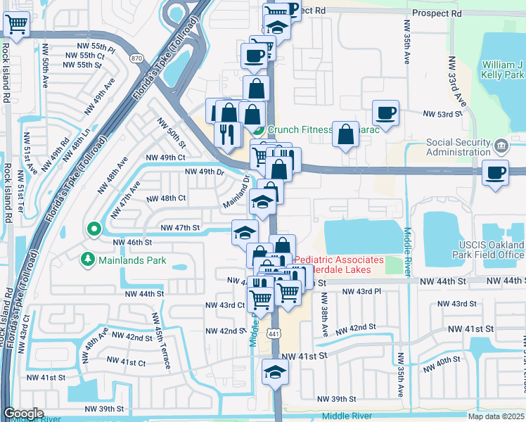 map of restaurants, bars, coffee shops, grocery stores, and more near 4711 Florida 7 in Lauderdale Lakes