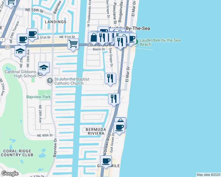 map of restaurants, bars, coffee shops, grocery stores, and more near 223 Imperial Lane in Lauderdale-by-the-Sea