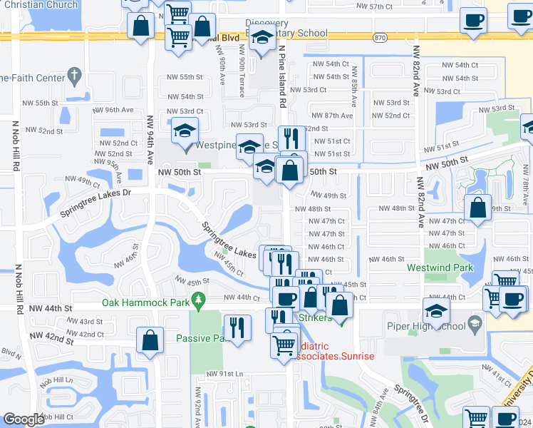 map of restaurants, bars, coffee shops, grocery stores, and more near 8858 Northwest 48th Street in Sunrise