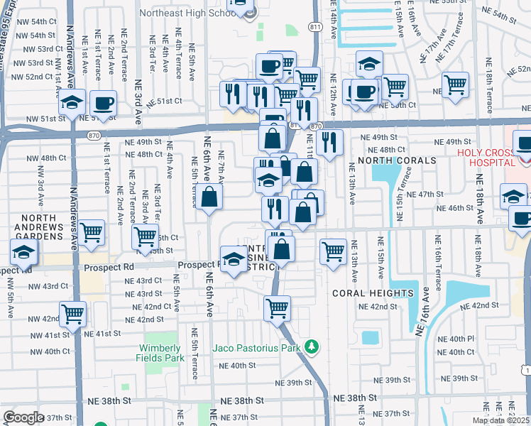 map of restaurants, bars, coffee shops, grocery stores, and more near 790 Northeast 46th Court in Oakland Park