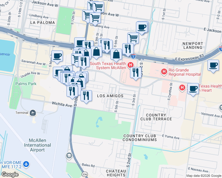 map of restaurants, bars, coffee shops, grocery stores, and more near 600 Uvalde Avenue in McAllen