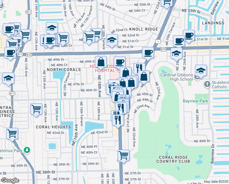 map of restaurants, bars, coffee shops, grocery stores, and more near 1841 Northeast 45th Street in Fort Lauderdale