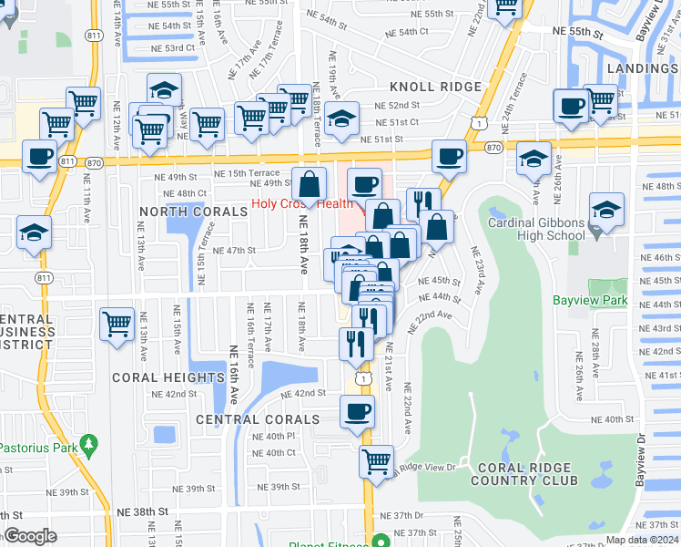 map of restaurants, bars, coffee shops, grocery stores, and more near 1841 Northeast 45th Street in Fort Lauderdale