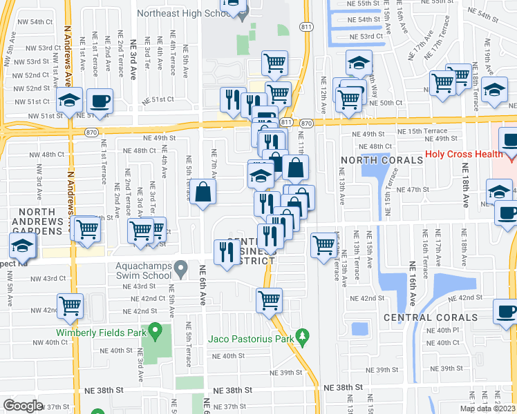 map of restaurants, bars, coffee shops, grocery stores, and more near 805 Northeast 45th Street in Oakland Park