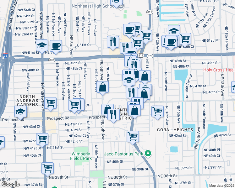 map of restaurants, bars, coffee shops, grocery stores, and more near 670 Northeast 46th Court in Oakland Park