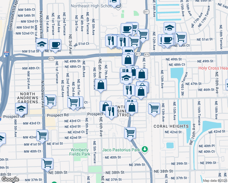 map of restaurants, bars, coffee shops, grocery stores, and more near 670 Northeast 46th Court in Oakland Park