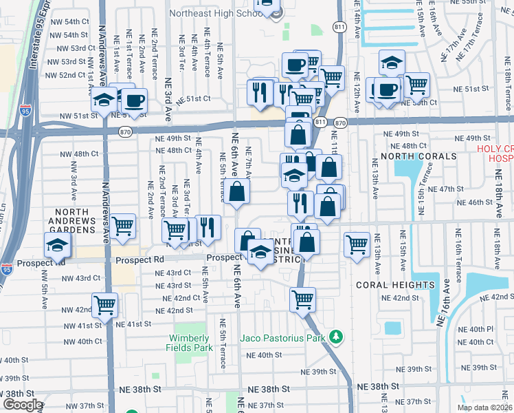 map of restaurants, bars, coffee shops, grocery stores, and more near 670 Northeast 46th Court in Oakland Park