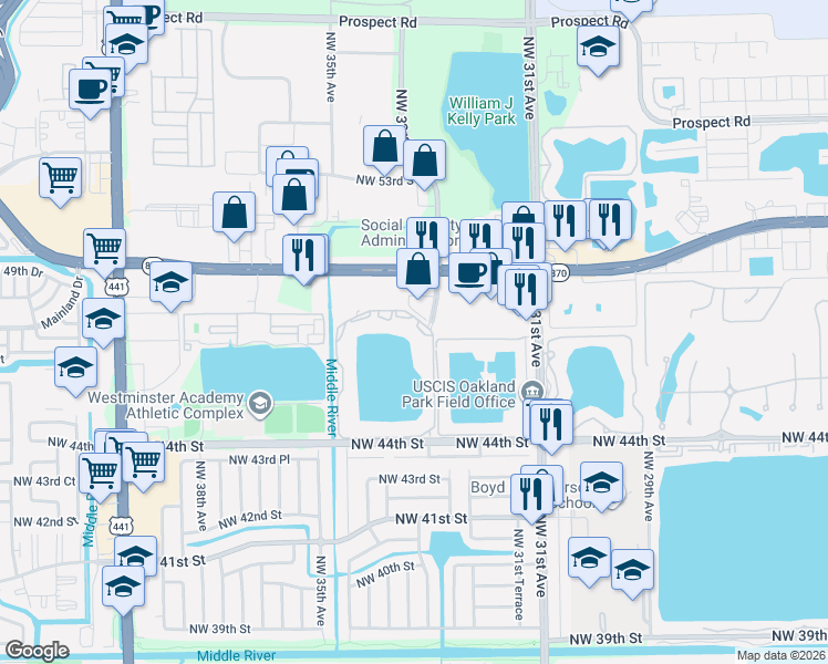 map of restaurants, bars, coffee shops, grocery stores, and more near Northwest 46th Street in Oakland Park