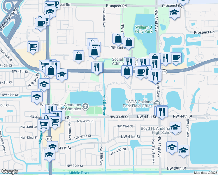 map of restaurants, bars, coffee shops, grocery stores, and more near 3441 Northwest 44th Street in Fort Lauderdale