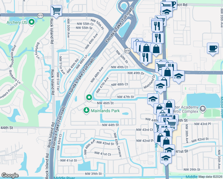 map of restaurants, bars, coffee shops, grocery stores, and more near 4801 Highland Drive in Tamarac