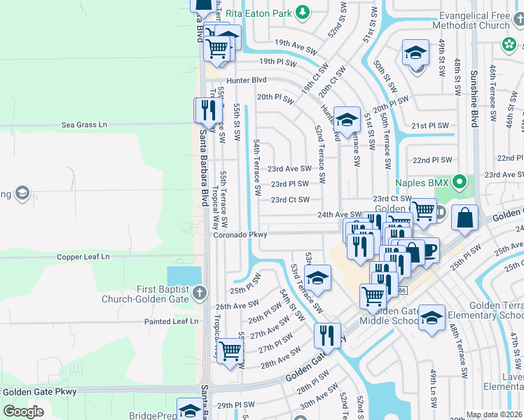 map of restaurants, bars, coffee shops, grocery stores, and more near 2398 54th Terrace Southwest in Naples