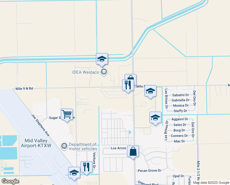 map of restaurants, bars, coffee shops, grocery stores, and more near 2904 Basil Drive in Weslaco