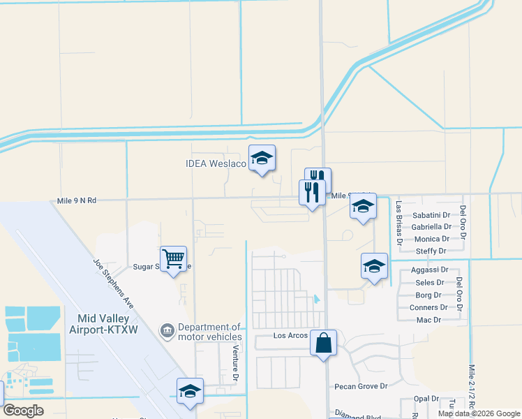 map of restaurants, bars, coffee shops, grocery stores, and more near 2804 Rosemary Drive in Weslaco