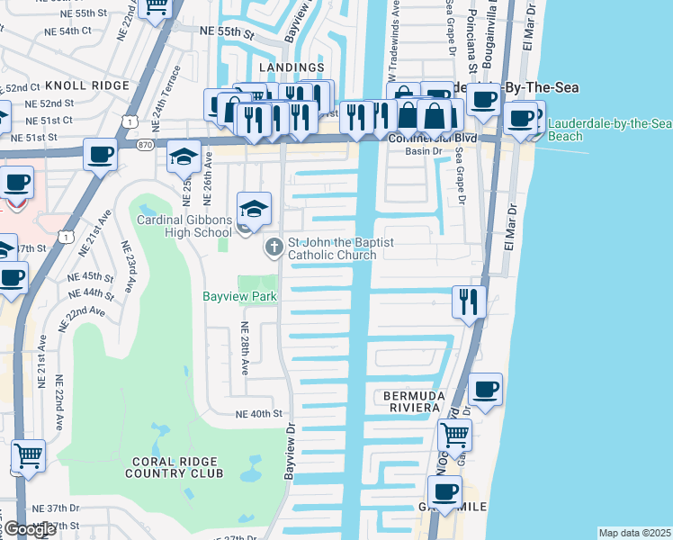 map of restaurants, bars, coffee shops, grocery stores, and more near 3091 Northeast 45th Street in Fort Lauderdale