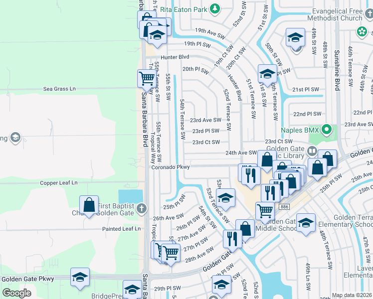 map of restaurants, bars, coffee shops, grocery stores, and more near 2398 54th Terrace Southwest in Naples
