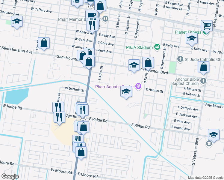 map of restaurants, bars, coffee shops, grocery stores, and more near 1025 South Birch Street in Pharr